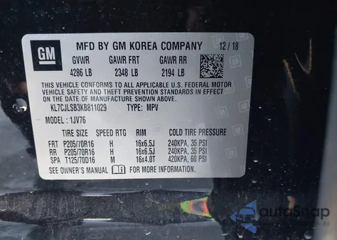 2019 Chevrolet Trax Lt z USA, uszkodzony, nr VIN KL7CJLSB3KB811029